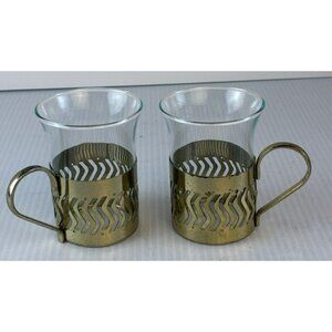 Set 2 Turkish Coffee Italian Espresso Demitasse Metal Holder Glass Cups